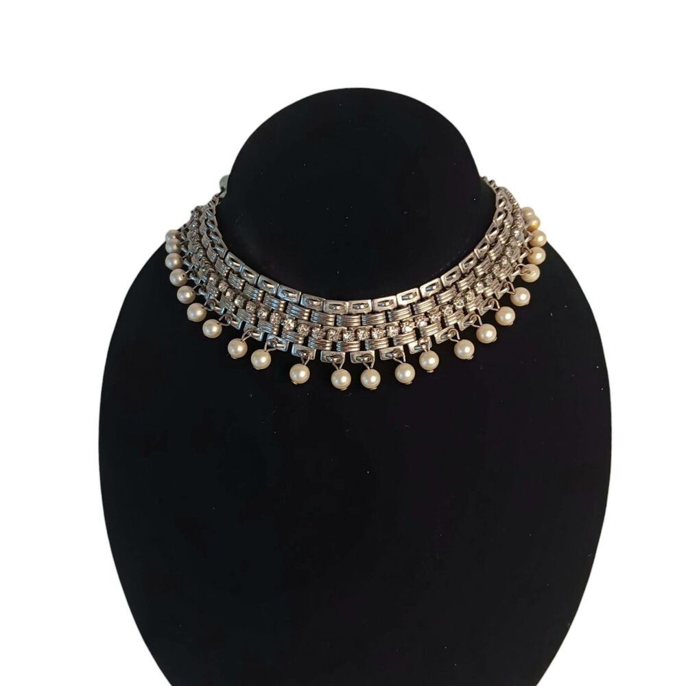 VTG Silver Rhinestone Faux Pearl Collar Necklace Choker Egyptian Belly Dancer